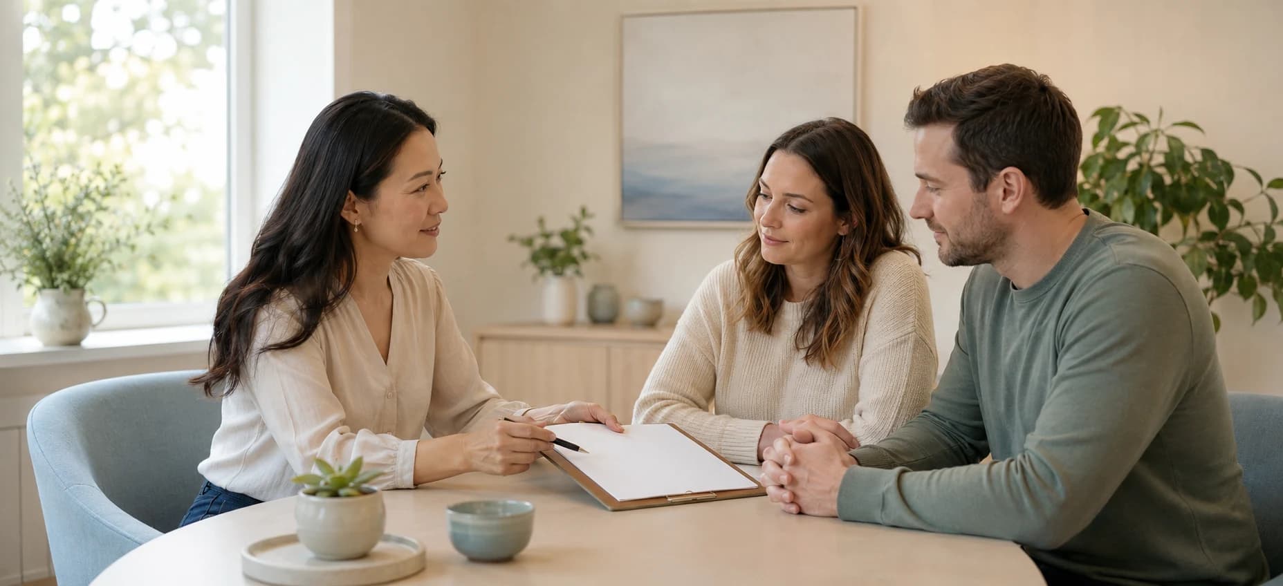 A fertility acupuncturist offering calm, reassuring guidance to a couple around the embryo transfer stage