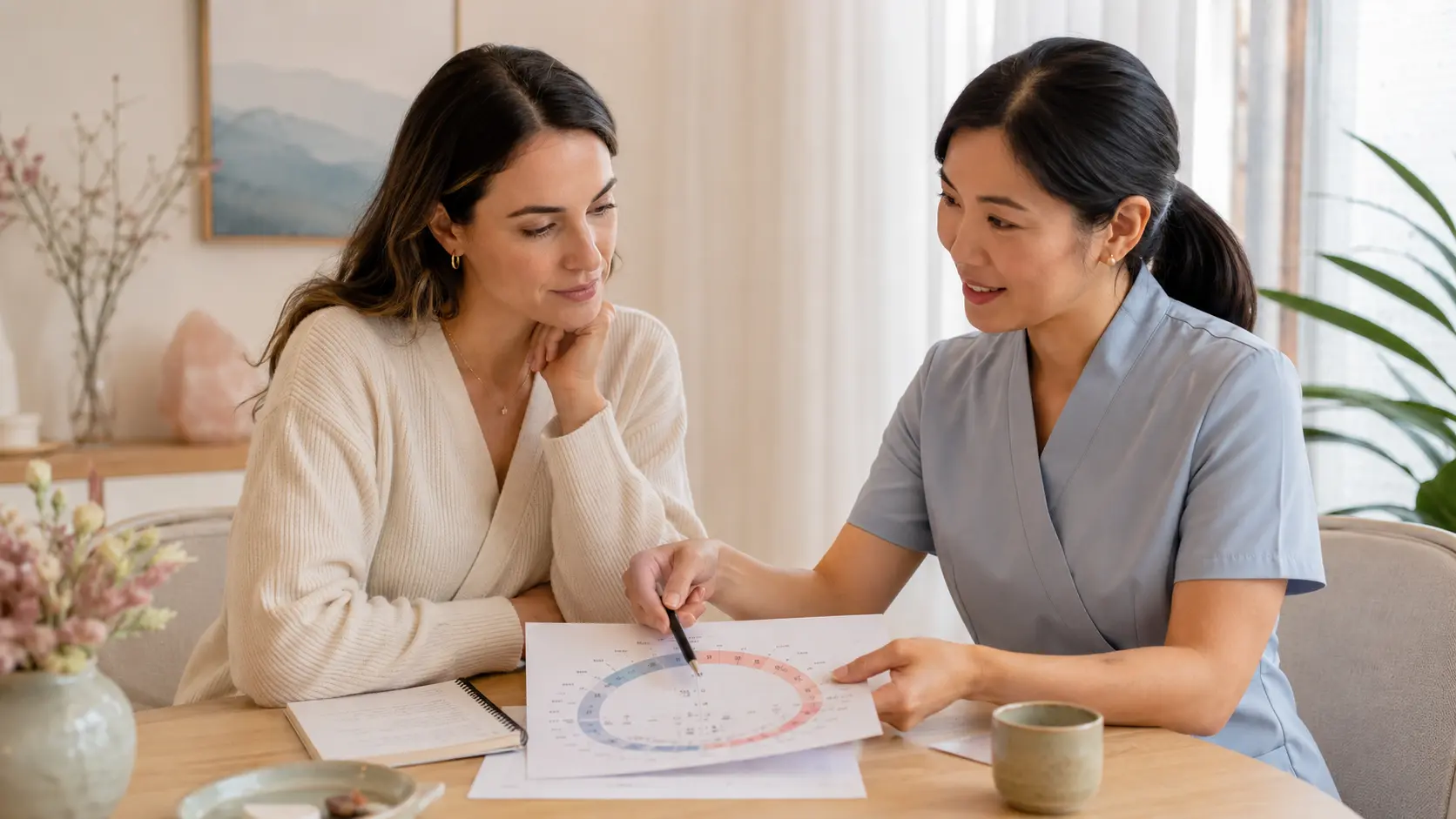 A fertility-focused clinician reviewing a menstrual cycle plan with a patient
