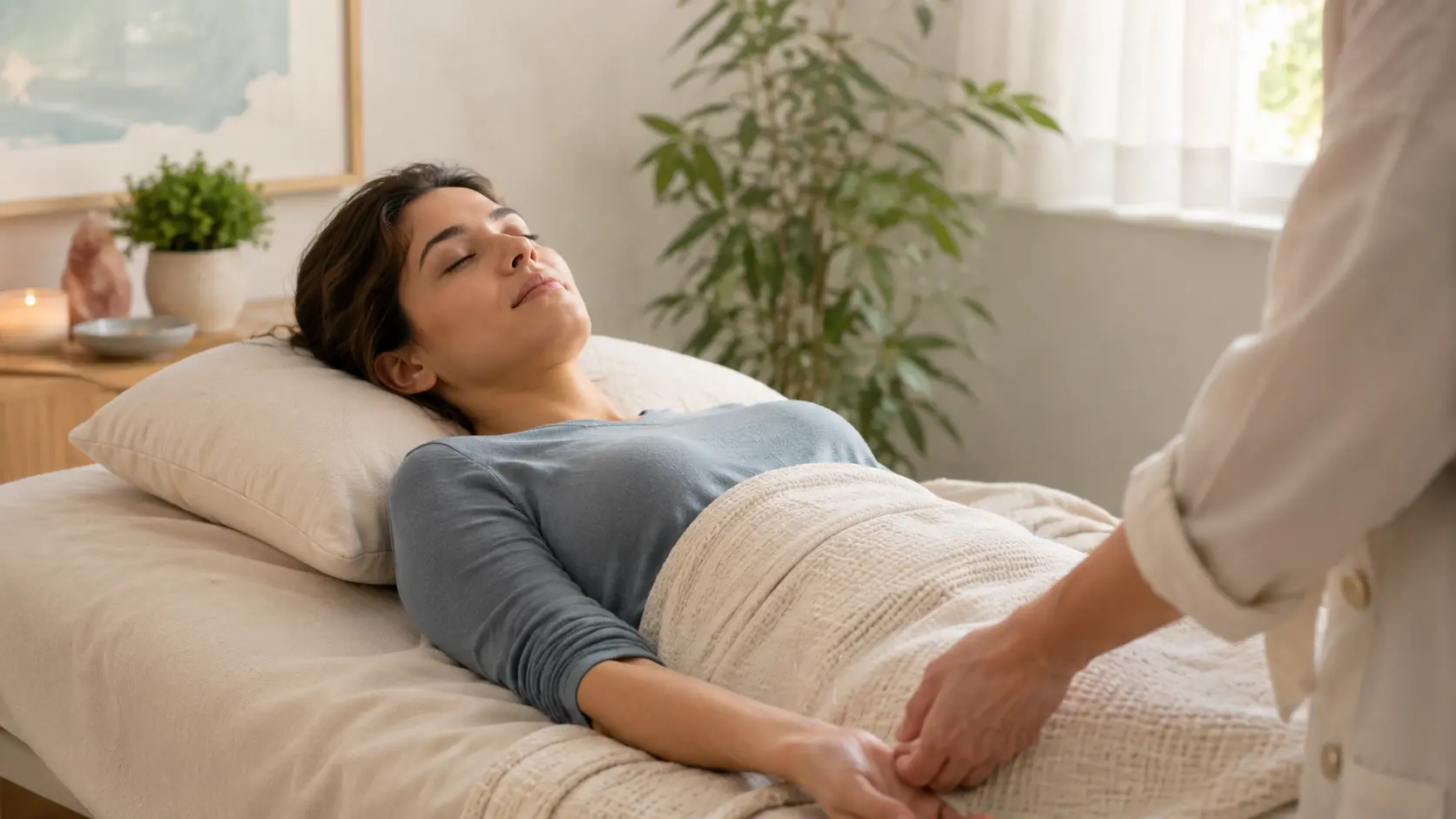 A patient resting peacefully during a calming fertility acupuncture visit